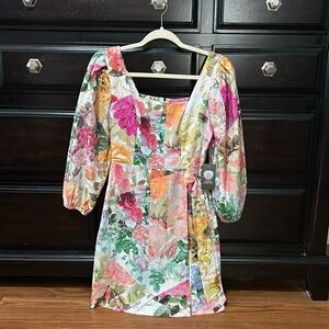 Vince Camuto Floral Print Smocked Geo-Neck Dress Ivory/Multi Size 2
